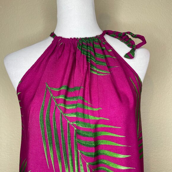 Hula Bay Magenta Green Palm Print Halter Dress Rayon XXL-19 Hawaiian Tropical - Picture 2 of 8